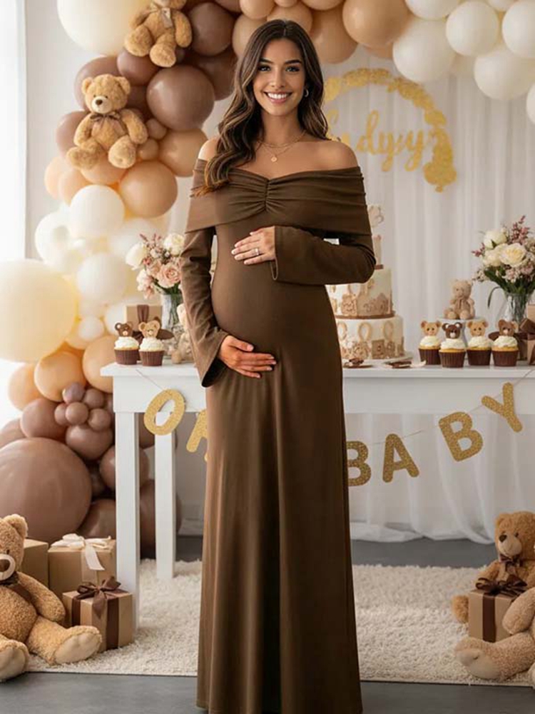 Maternity Wear - Autumn Brown Maternity Dress Photoshoot Off