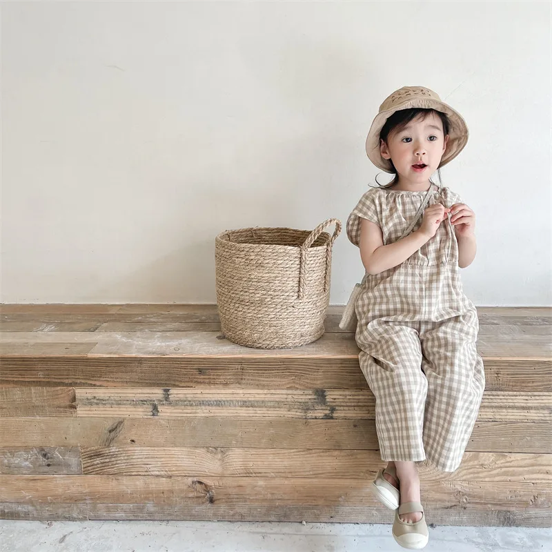 Baby Girls Plaid Overalls Kids - Baby Summer Linen Sleeveless Jumpsuit 评论和价格